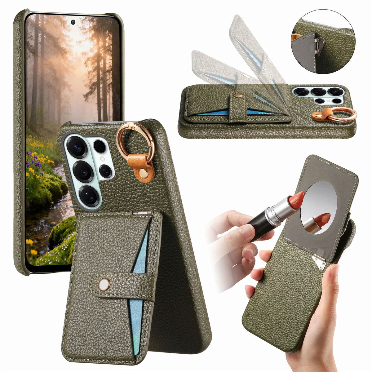 Pebbled Leather Ring Holder Case with  Makeup Mirror for Samsung Galaxy S22 Series
