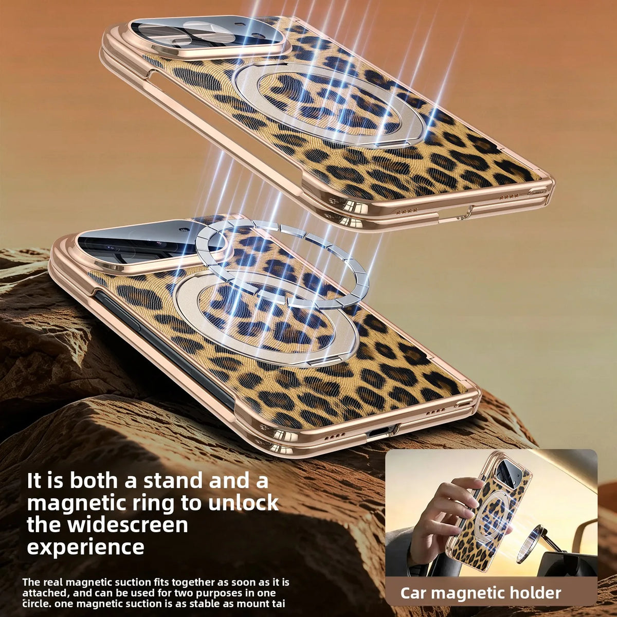 Cowhide Leopard Print MagSafe Case with 360° Rotating Ring Stand for iPhone Duo