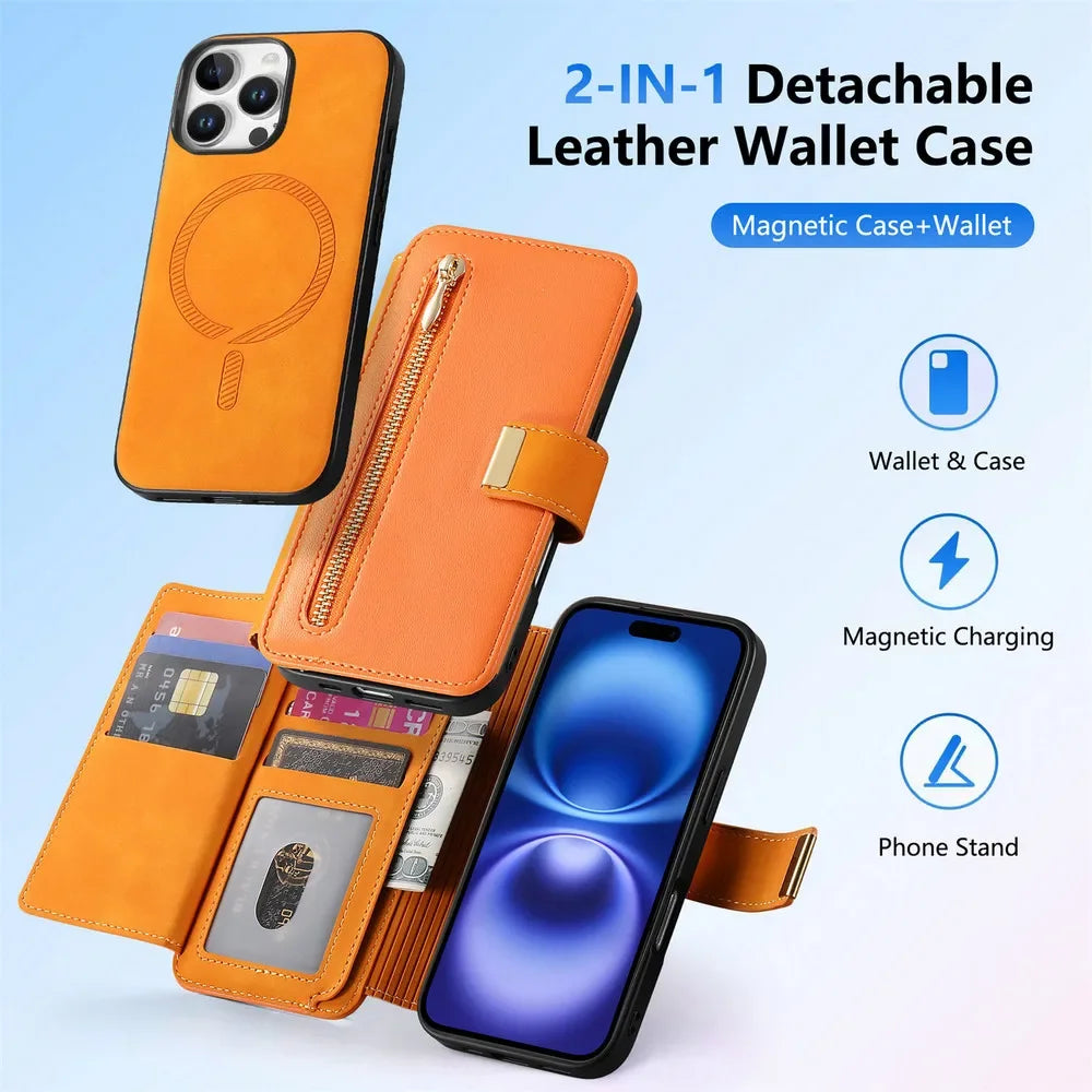 Leather Zipper Wallet Case with Detachable Magnetic Wallet for iPhone 16 Series