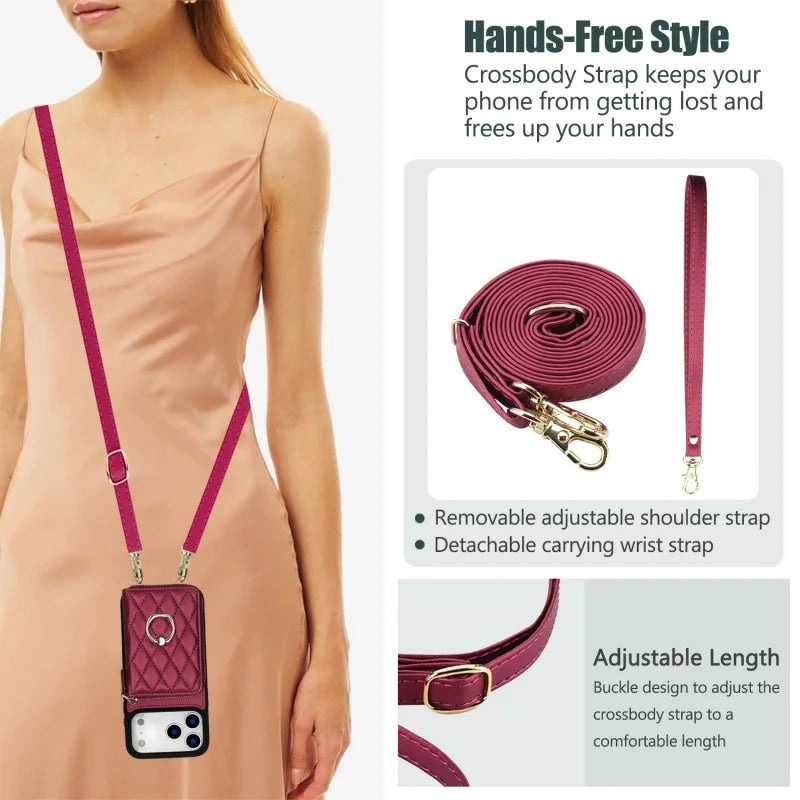 Leather Wallet Phone Case with Adjustable Lanyard for iPhone 17 Series