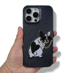 iPhone 16 Series Real Cowhide Leather Case with Embroidered Dog Design
