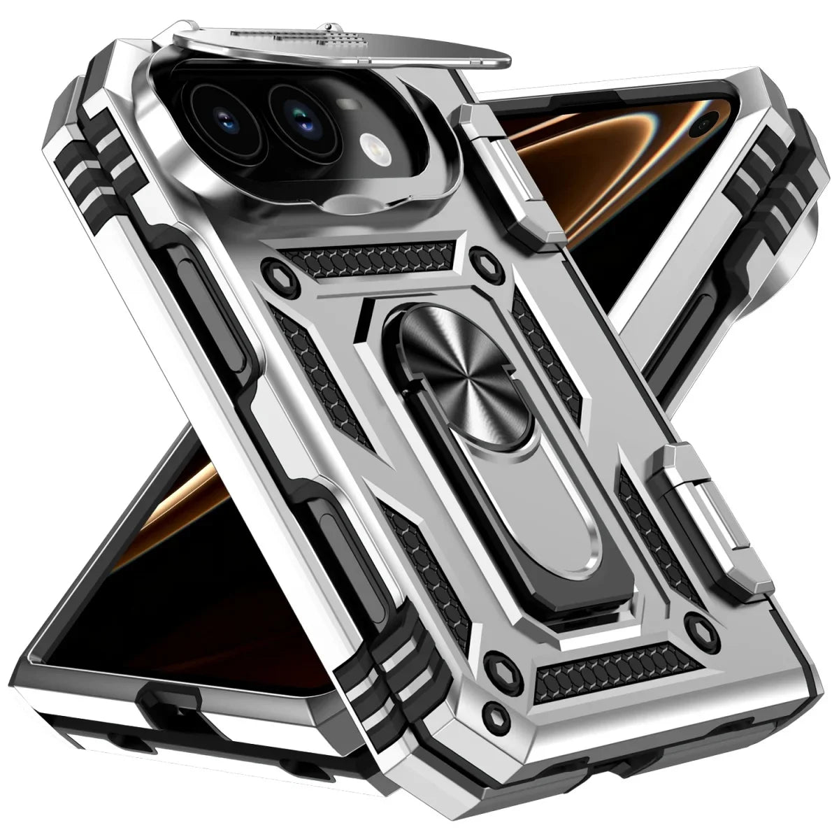 Military-Grade Case with Flip Camera Cover and Rotating Ring Stand for iPhone Duo
