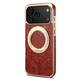 Retro Floral Cowhide Leather MagSafe Case with Rotating Stand for iPhone 17 Series