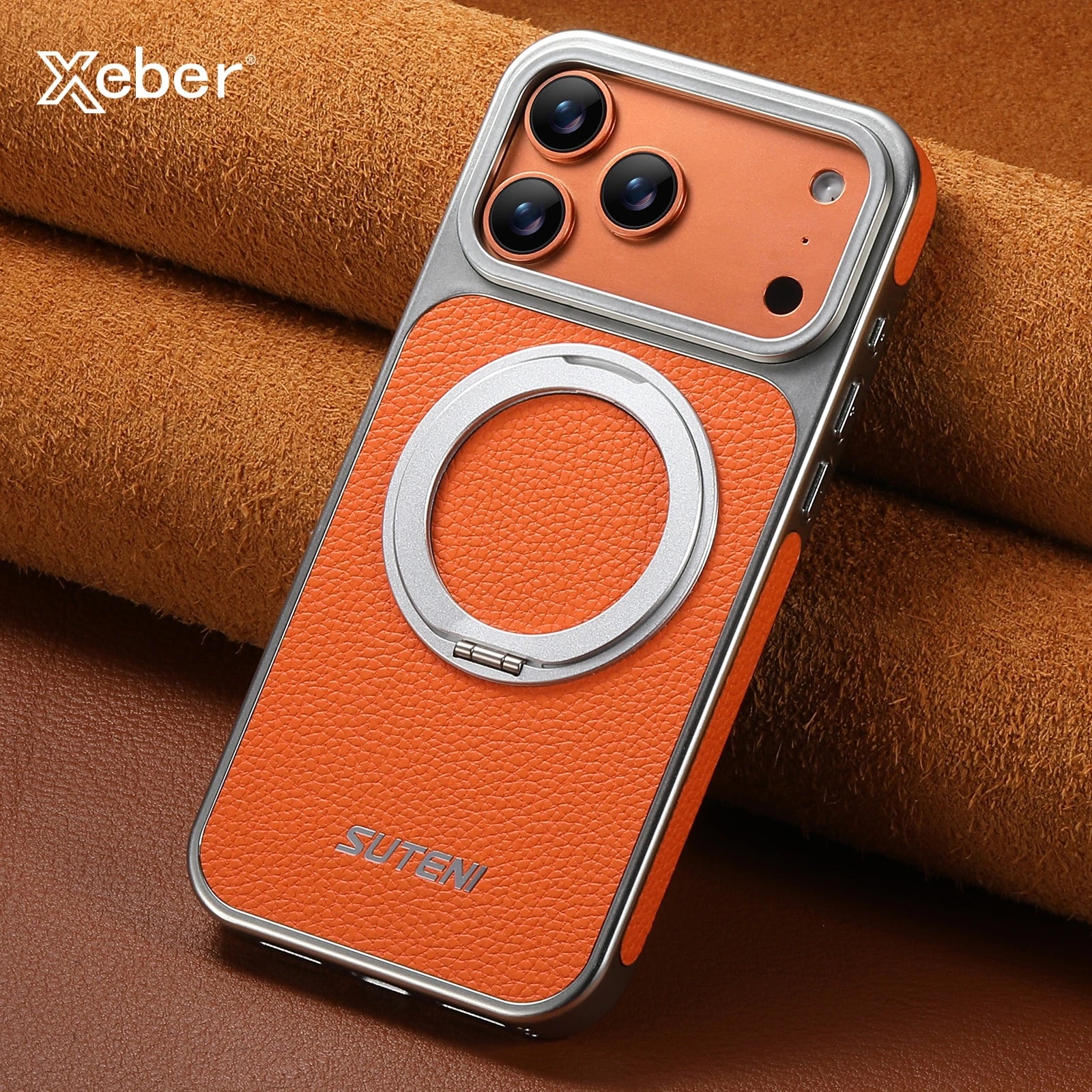 Litchi Texture MagSafe Case with Built-in Ring Stand for iPhone 17 Series