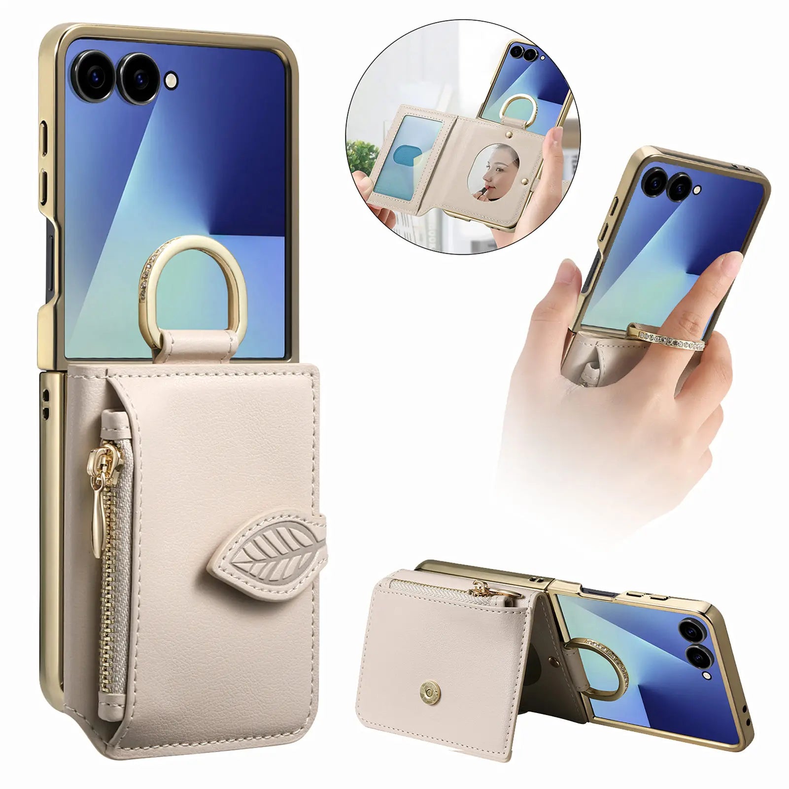Samsung Z Flip 7 Shockproof Leather Case with Card Slots and Mirror