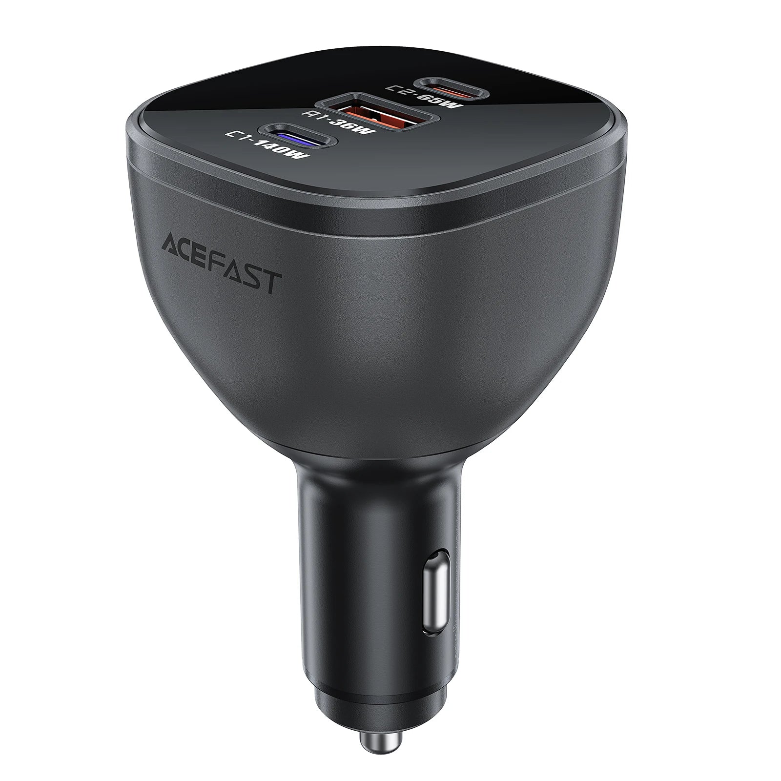 Black car charger with multiple ports on a white background