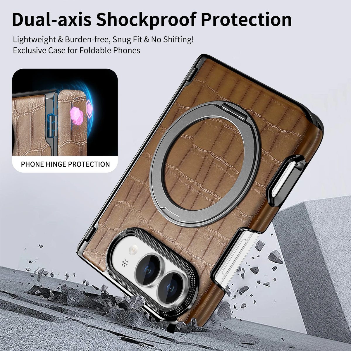 Crocodile-Pattern Leather MagSafe Case with 360° Rotating Ring Stand for iPhone Duo