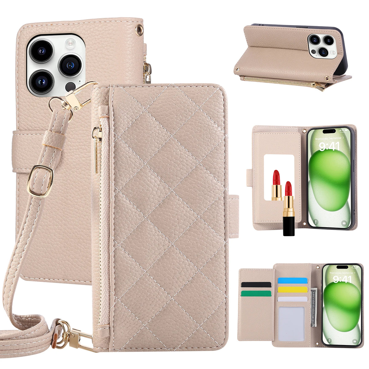 Crossbody Leather Wallet Case with Card Holder for iPhone 16 Series