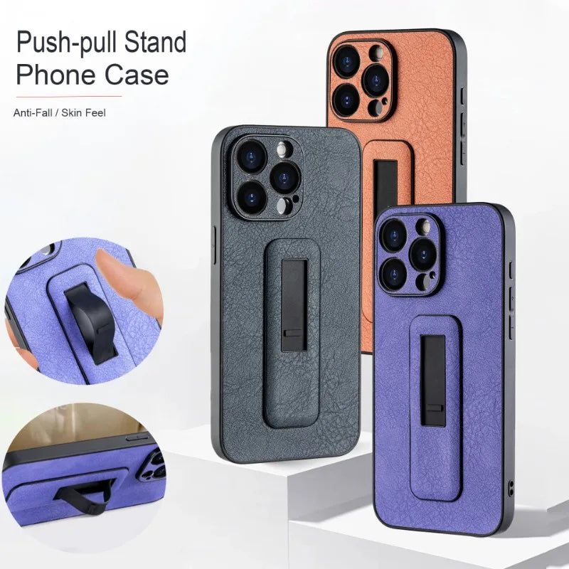 Professional PU Leather Armor Case with Grip Stand for iPhone 14 Series