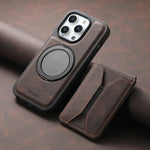 iPhone 15 Series Leather Magnetic Wallet Case with Detachable Card Bag & Ring Stand