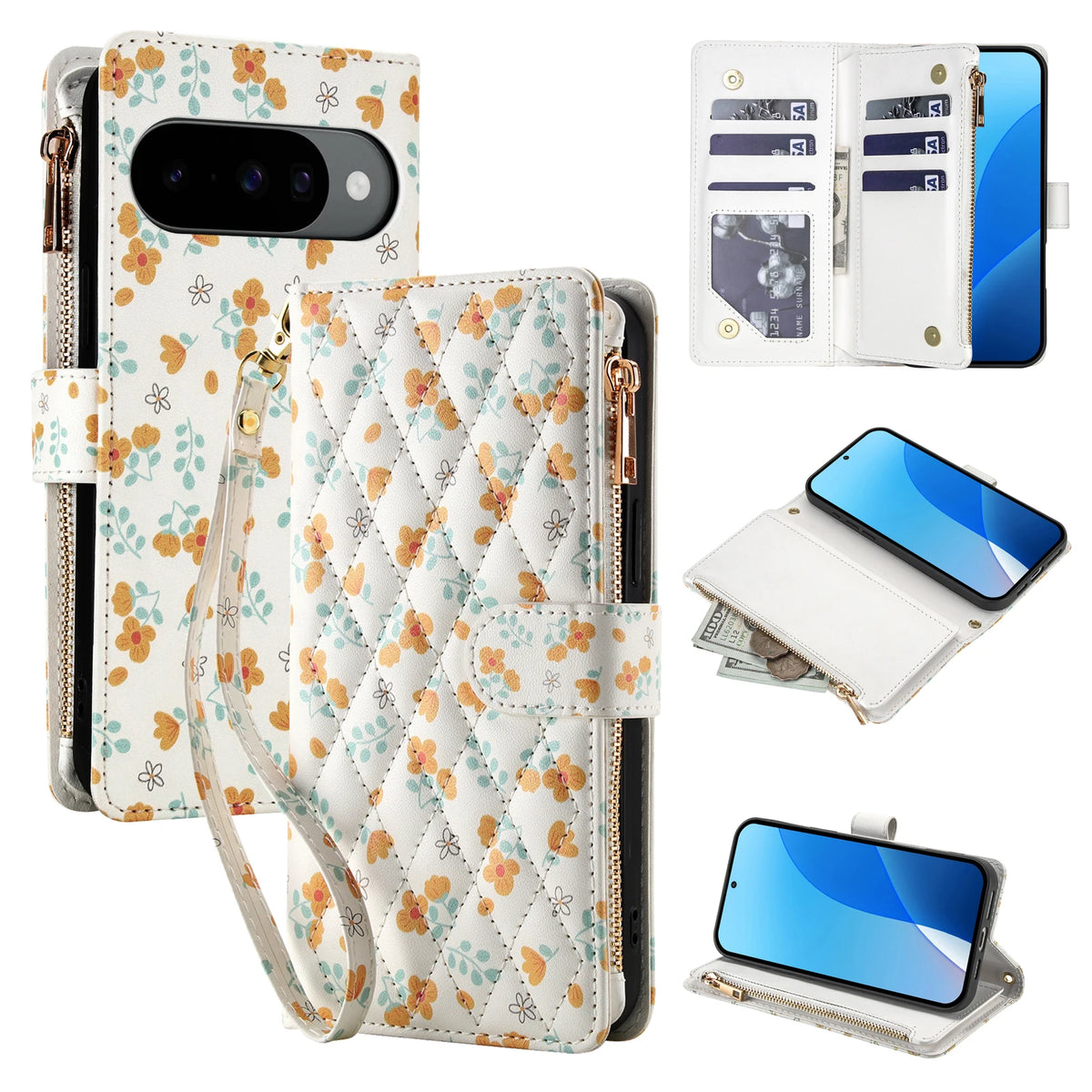 Quilted Floral Crossbody Wallet Case with Adjustable Shoulder Lanyard for Google Pixel 9 Series