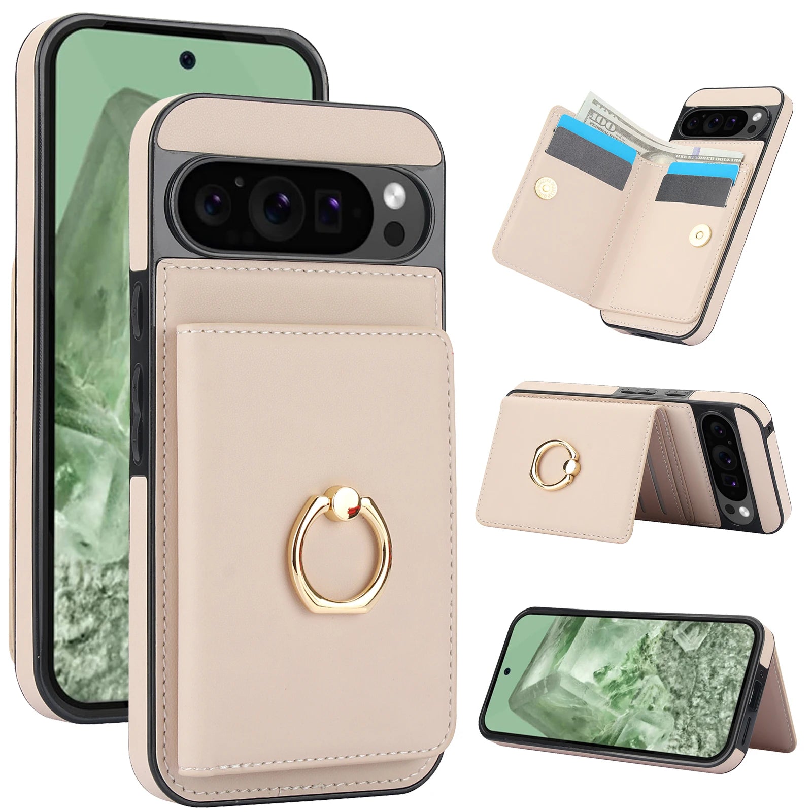 Google Pixel 10 Series Leather Case with Card Holder and Kickstand