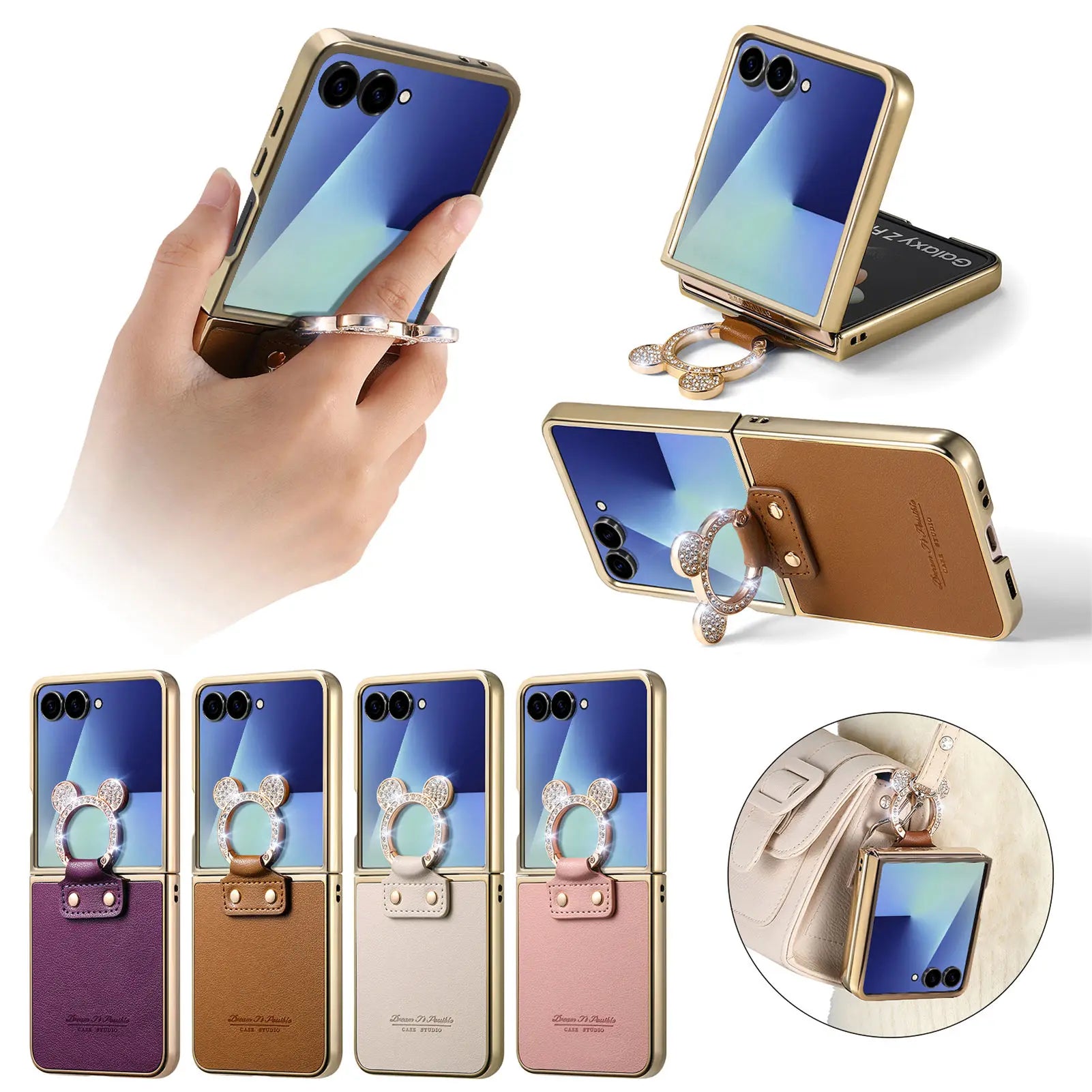 Luxury Leather Case with Rhinestone Ring Holder for Samsung Galaxy Z Flip 7