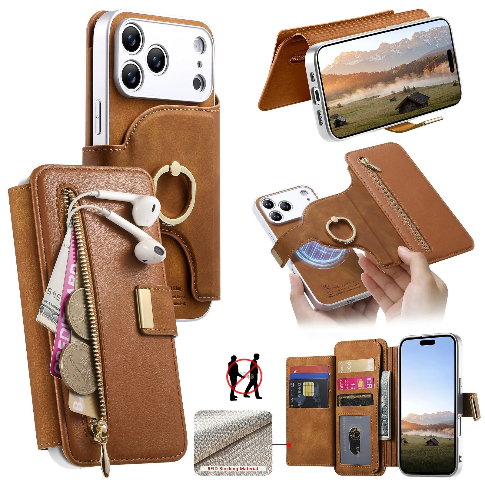 2-in-1 Detachable MagSafe Leather Wallet Case with Ring for iPhone 17 Series