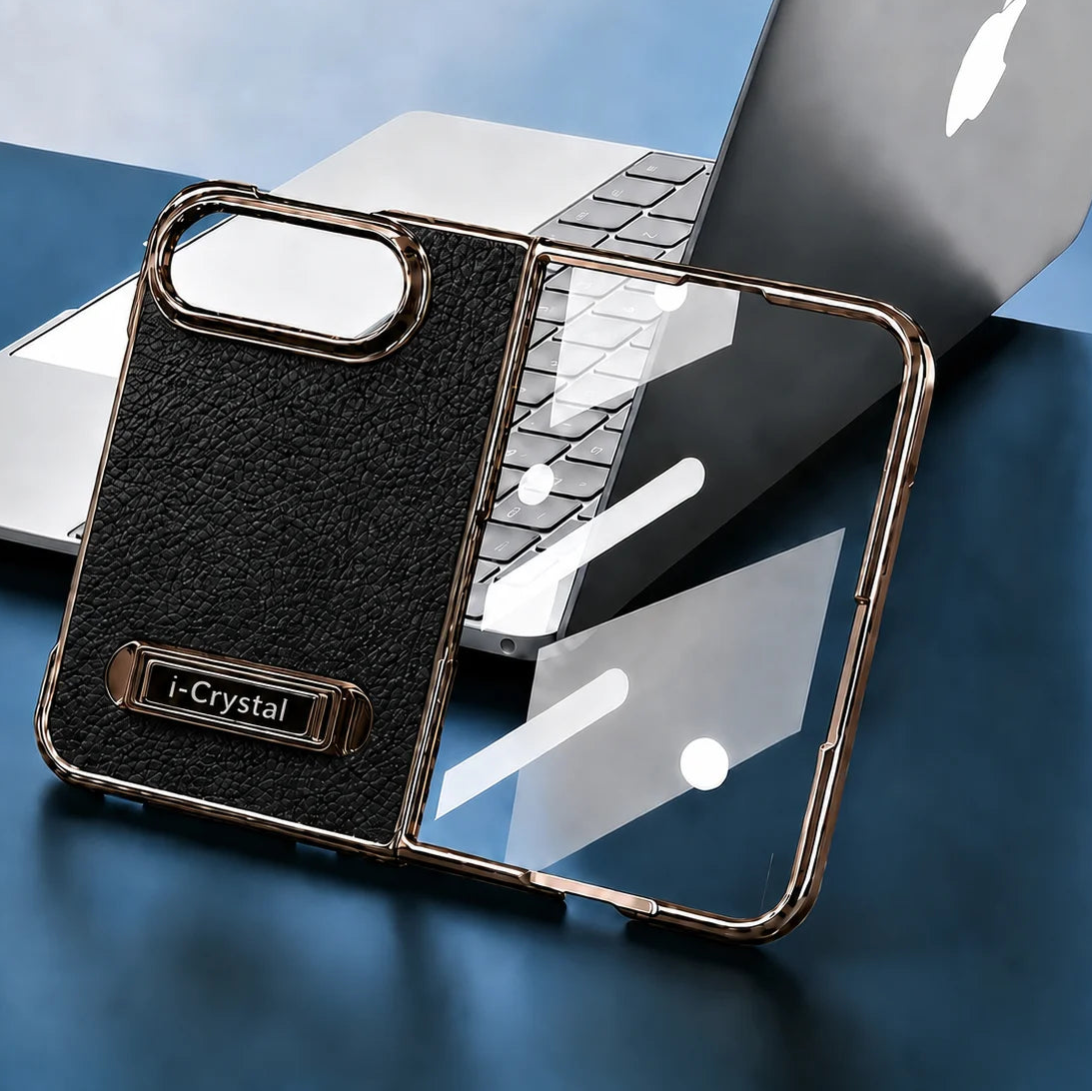 Leather-Texture Electroplated Kickstand Case with Metal Built-In Stand for iPhone Duo