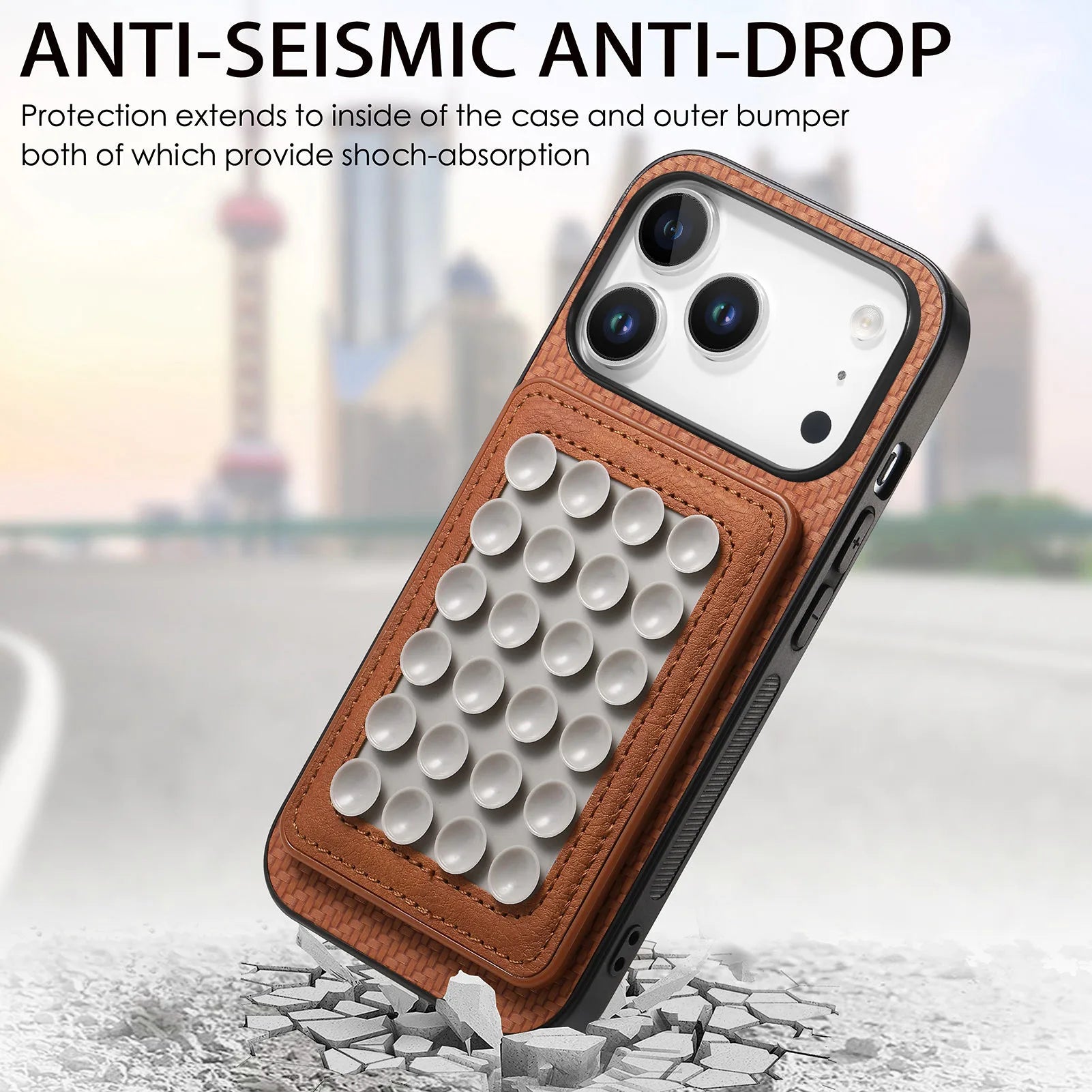 2-in-1 Detachable Fiber Texture MagSafe Leather Case with Card Holder & Suction Cup for iPhone 17 Series