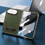 Leather-Texture Electroplated Kickstand Case with Metal Built-In Stand for iPhone Duo