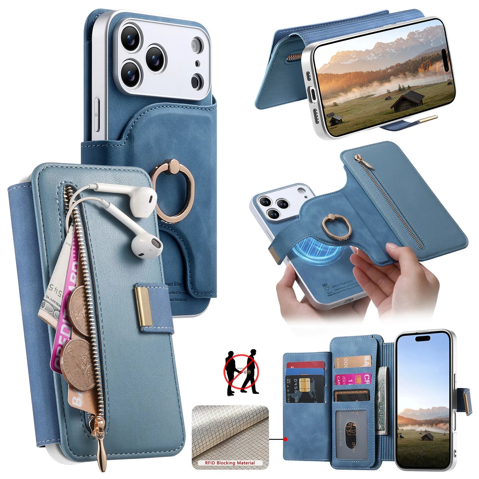 2-in-1 Detachable MagSafe Leather Wallet Case with Ring for iPhone 17 Series