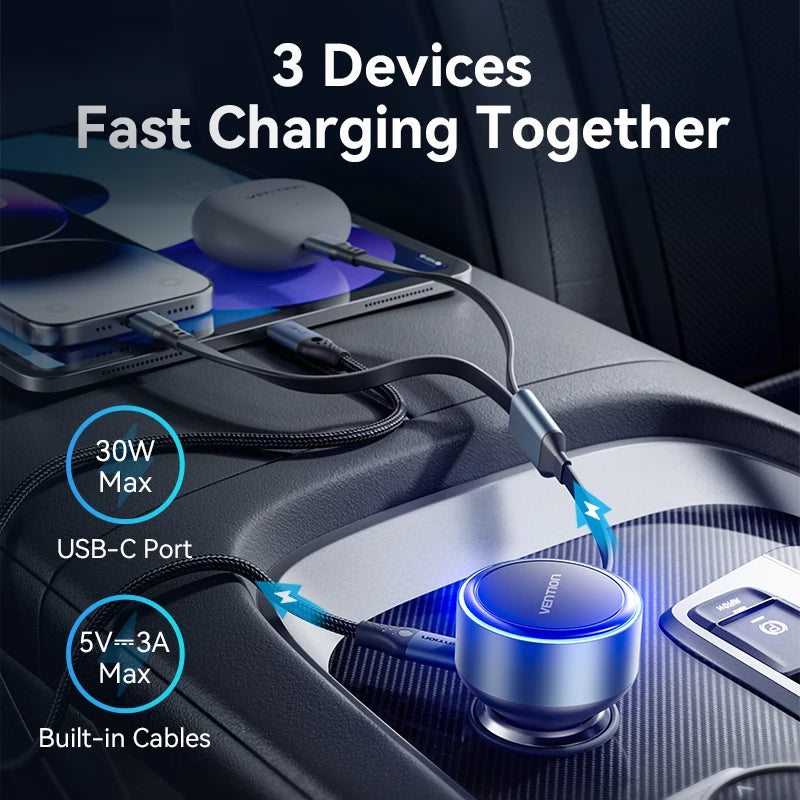 Vention 60W PD Fast Charging Retractable Car Chargerc