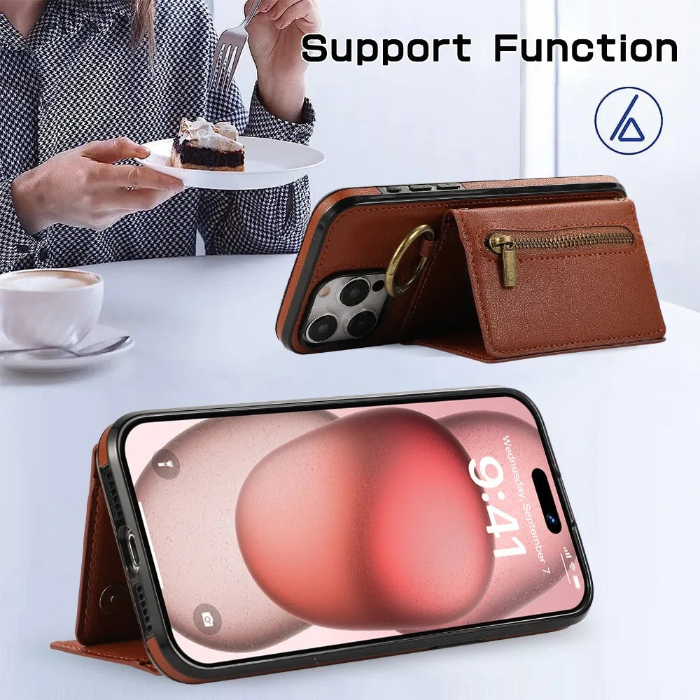 Crossbody Zipper Wallet Phone Case with Ring and Card Holder for iPhone 16 Series