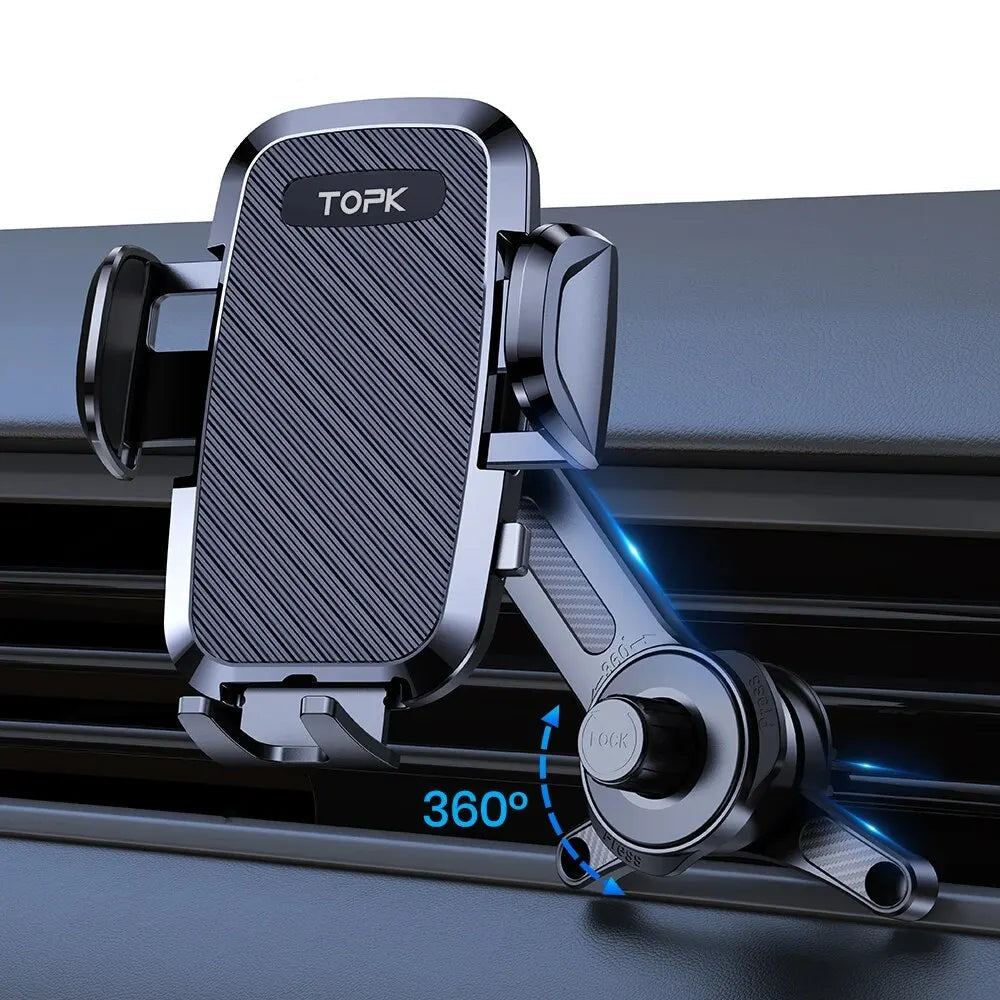 360-degree phone holder with TOPK branding on a car vent background