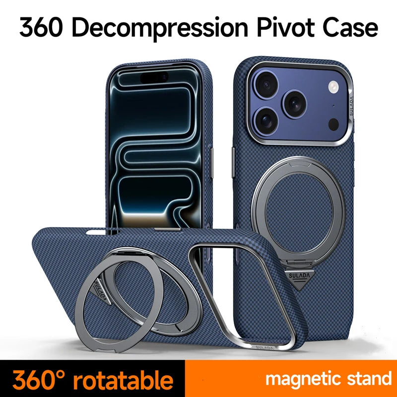 Protective Carbon Fiber Style MagSafe Case with Rotating Bracket for iPhone 17 Series