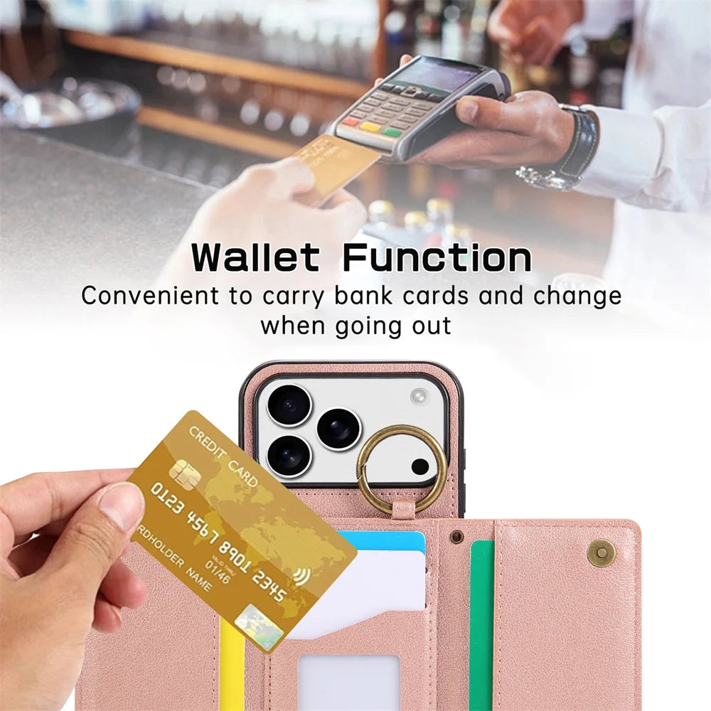 Multi-Functional Crossbody Leather Wallet Case with Ring Holder & Zipper for iPhone 17 Series