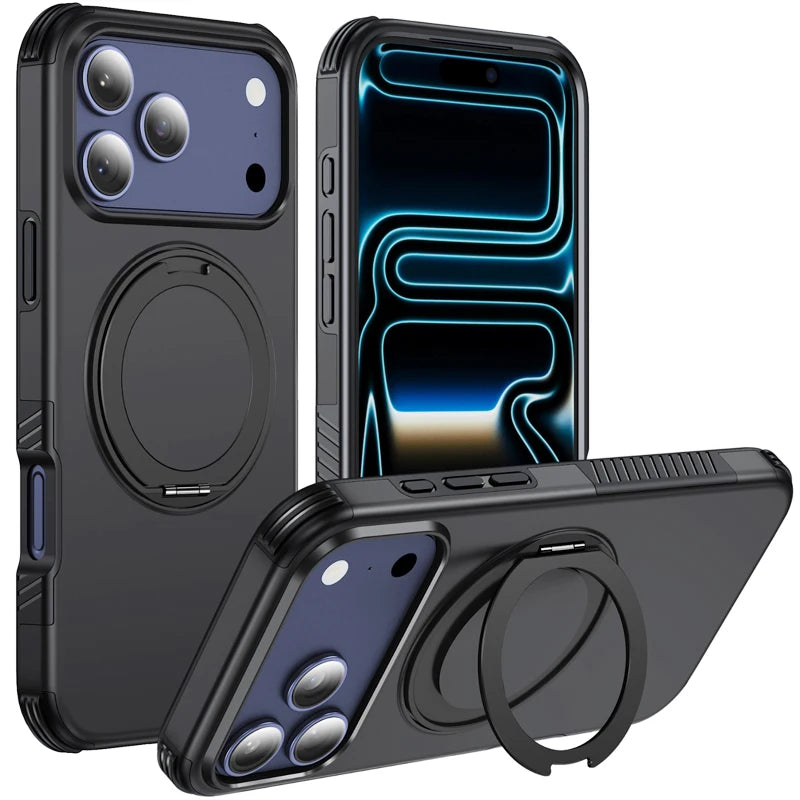 Shockproof Dual-Layer MagSafe Case with 360° Rotating Ring Stand for iPhone 18 Series