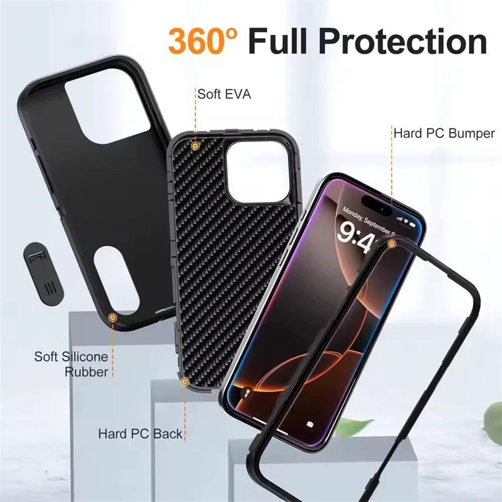 3-in-1 Hybrid Military-Grade Anti-Shock Case with Hard PC Holder for iPhone 16 Series