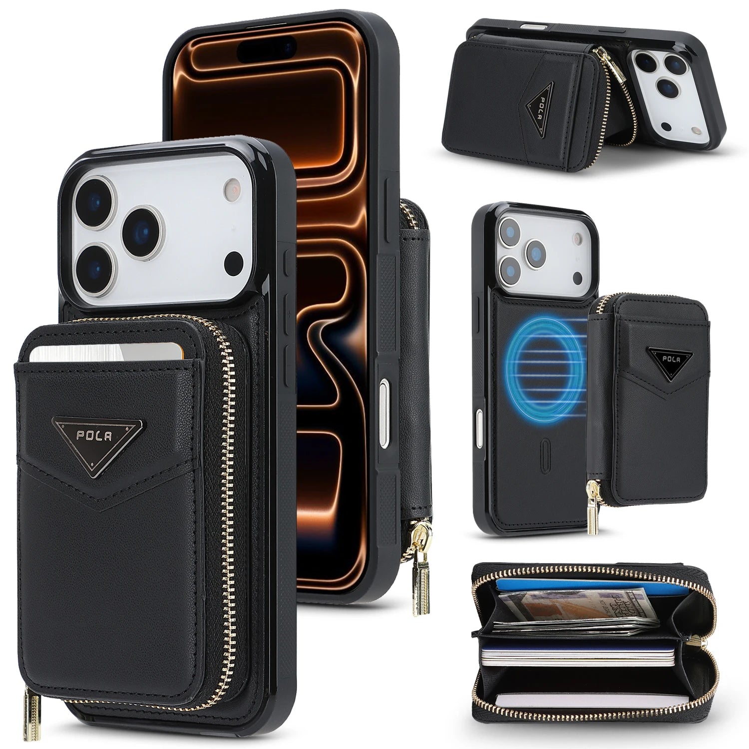 Shockproof Leather MagSafe Case with Detachable Zipper Wallet for iPhone 17 Serie