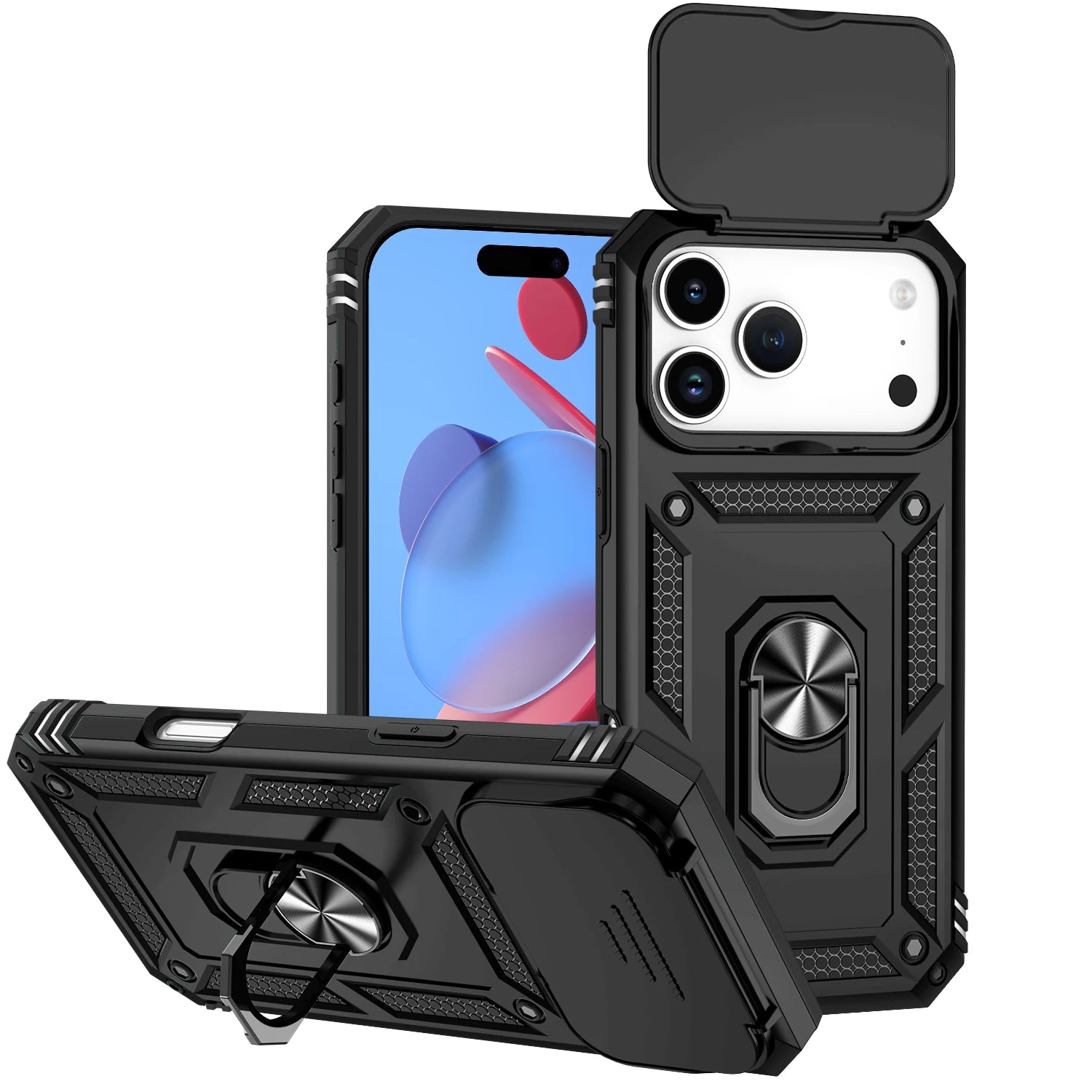 iPhone 17 Series Military-Grade Drop Protection PC+TPU Case with Magnetic Ring and Sliding Lens Protection