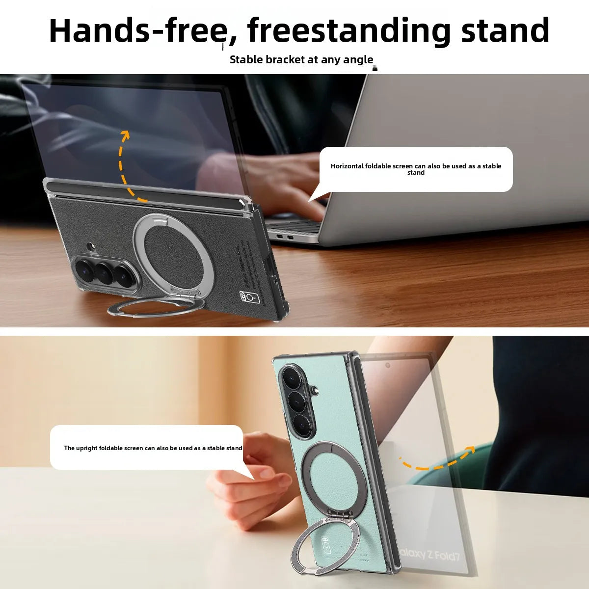 Textured Leather Shockproof Kickstand Case with 360° Rotating Ring for Samsung Galaxy Z Fold 7