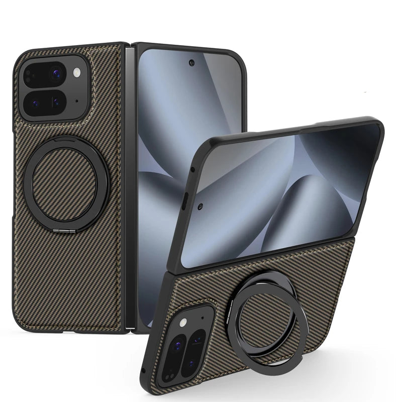 Carbon Fiber Open-Back Case with Rotating Magnetic Ring Stand for Pixel 10 Pro Fold