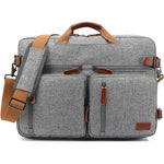 Gray bag with brown straps and accents on a white background