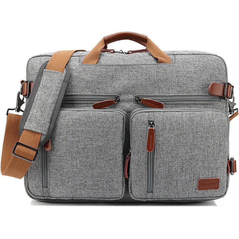 Gray bag with brown straps and accents on a white background