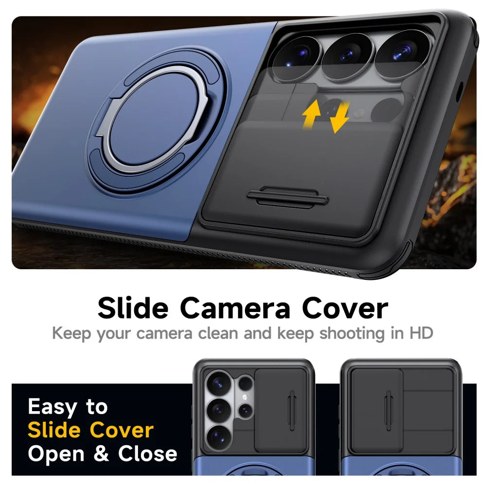 Shockproof Case with Sliding Camera Cover and Folding Ring for Samsung Galaxy S25 Series