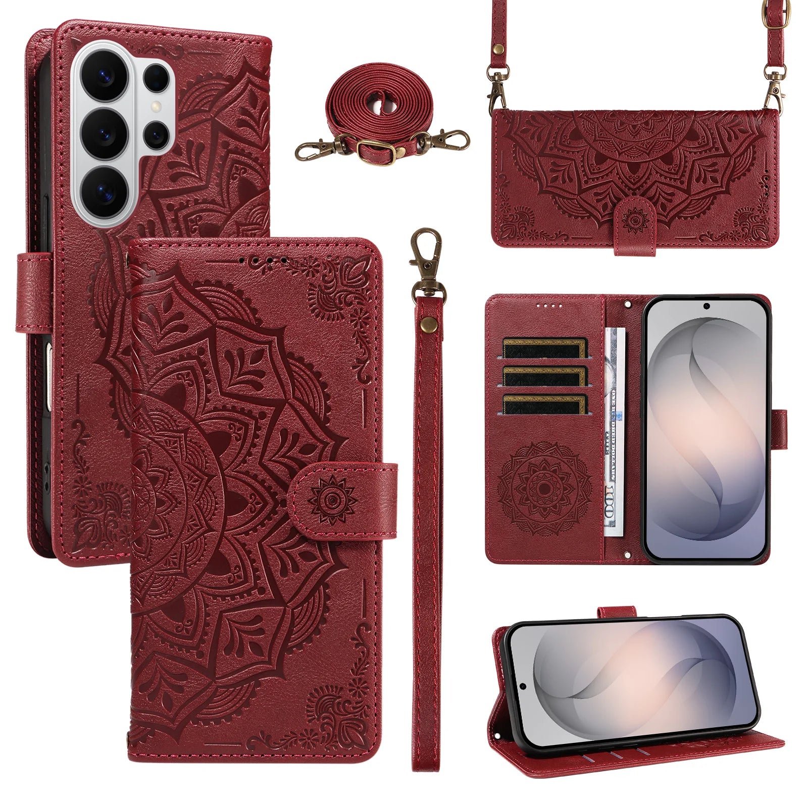 Embossed Mandala Crossbody Leather Wallet Case for Samsung S26 Series