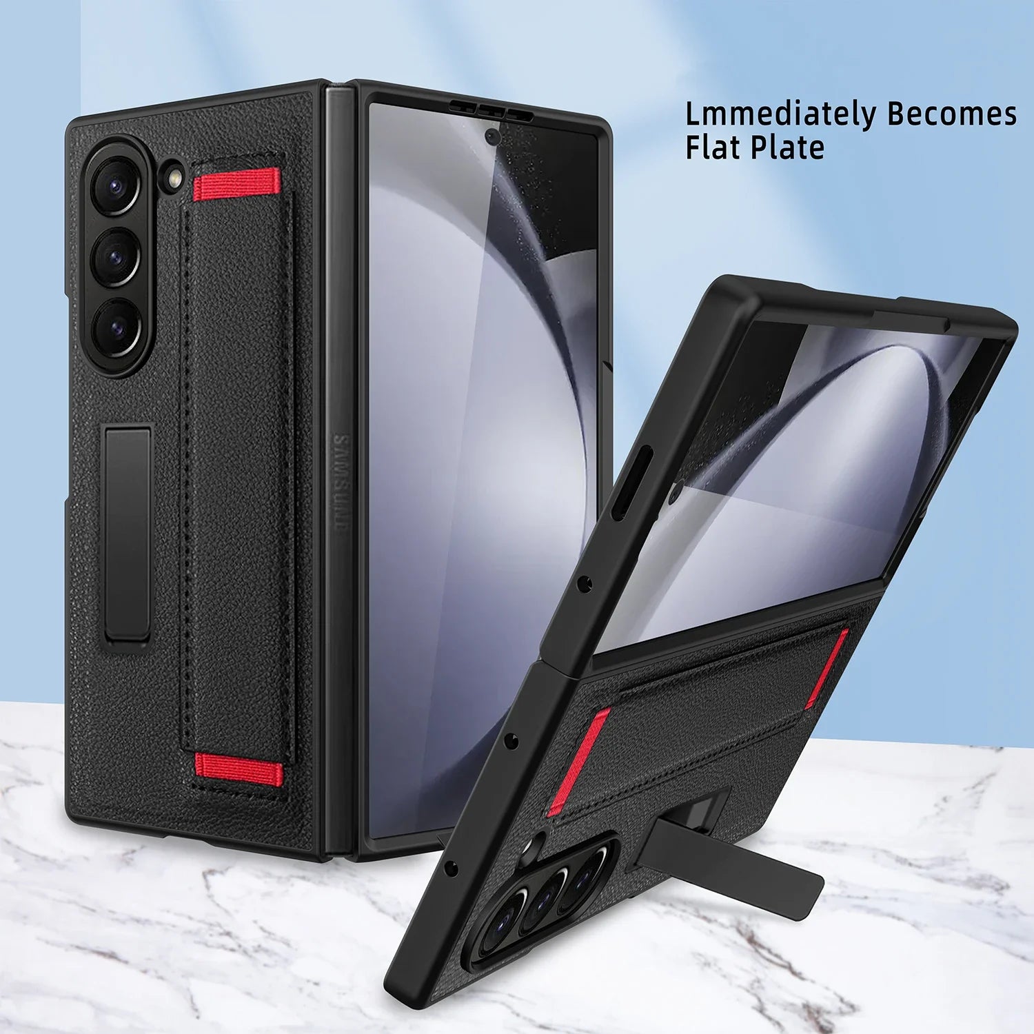 Samsung Galaxy Z Fold 6 Luxury Leather Phone Case with Wrist Strap & Tempered Glass Film
