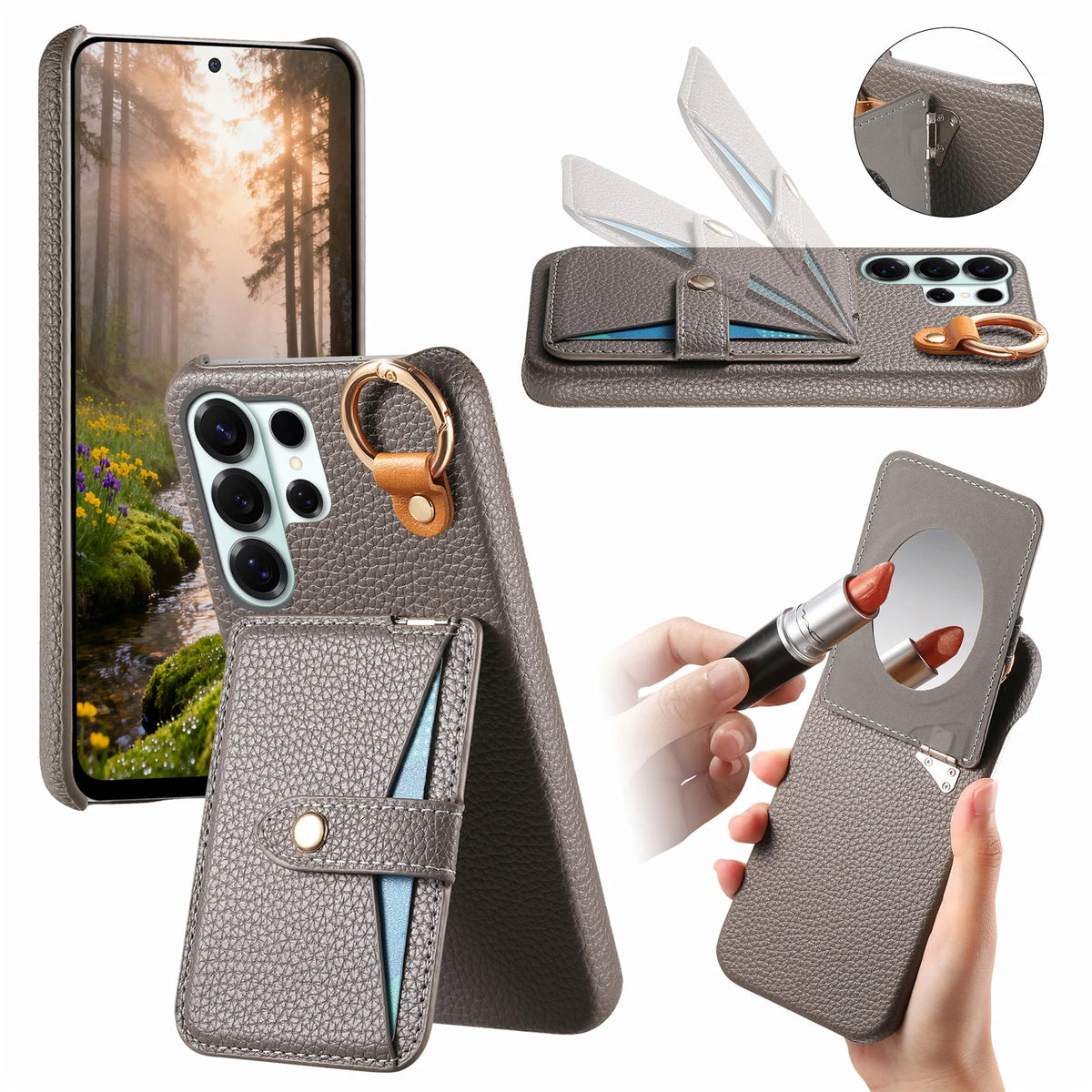Pebbled Leather Flip Case with Built-In Makeup Mirror and Card Slots for Samsung Galaxy S23 Series