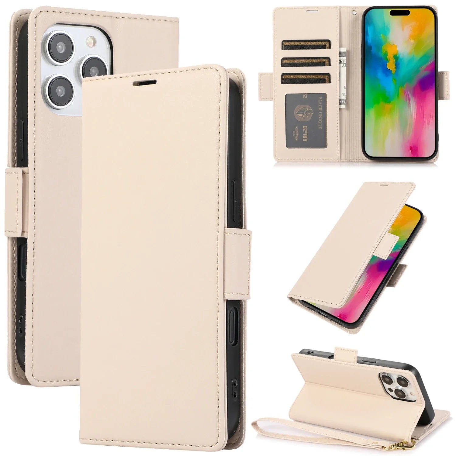 Premium Leather Kickstand Wallet Case with Card Holder for iPhone 15 Series