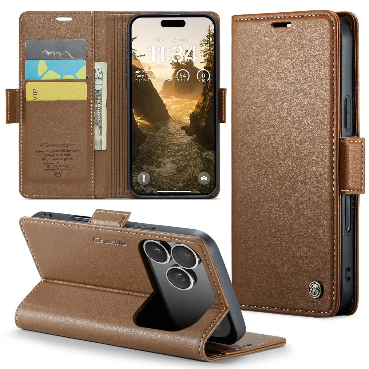 Pebbled Leather Magnetic Flip Wallet Case with Foldable Kickstand for iPhone 18 Series