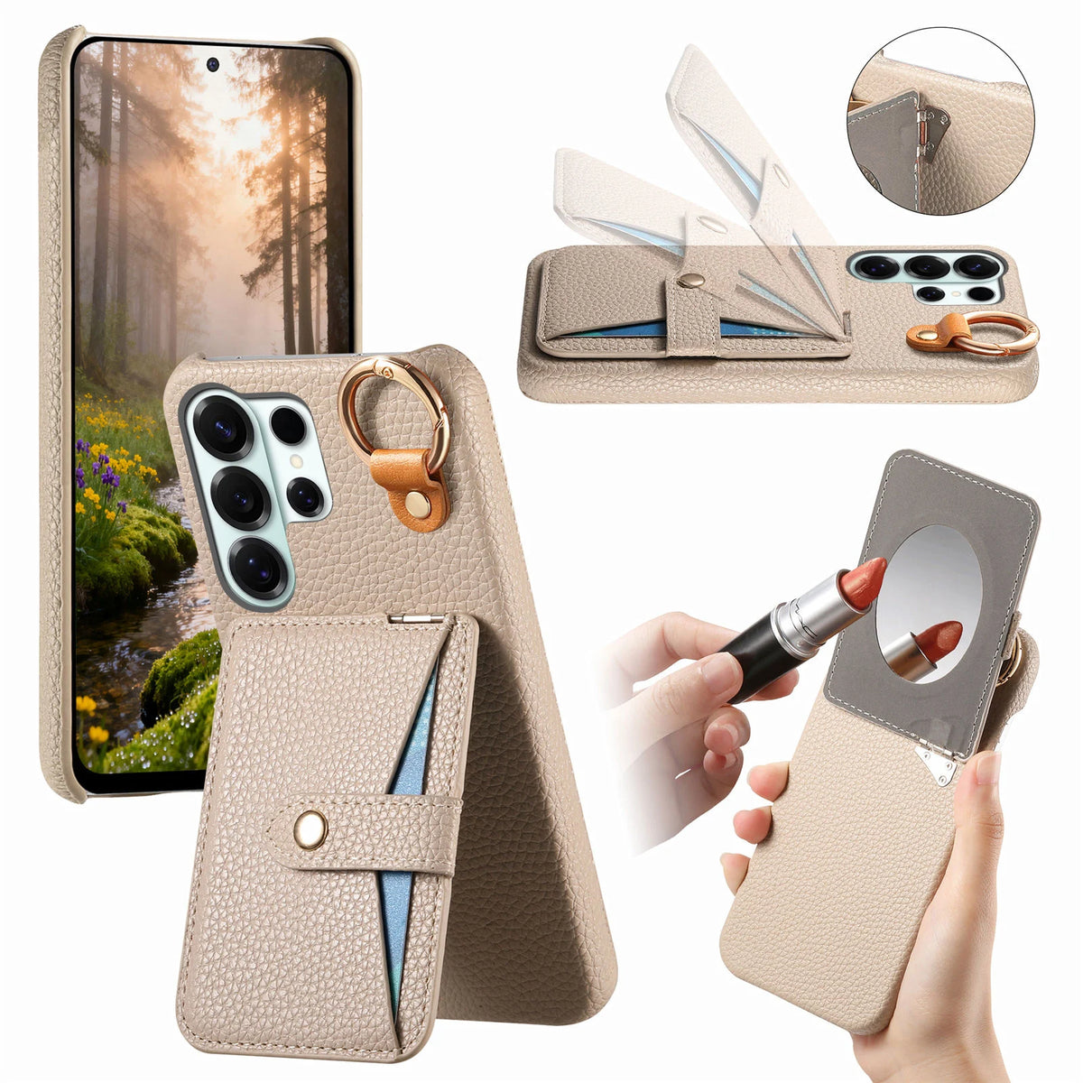 Grain Leather Flip Case with Built-In Makeup Mirror and Ring Holder for Samsung Galaxy S25 Series