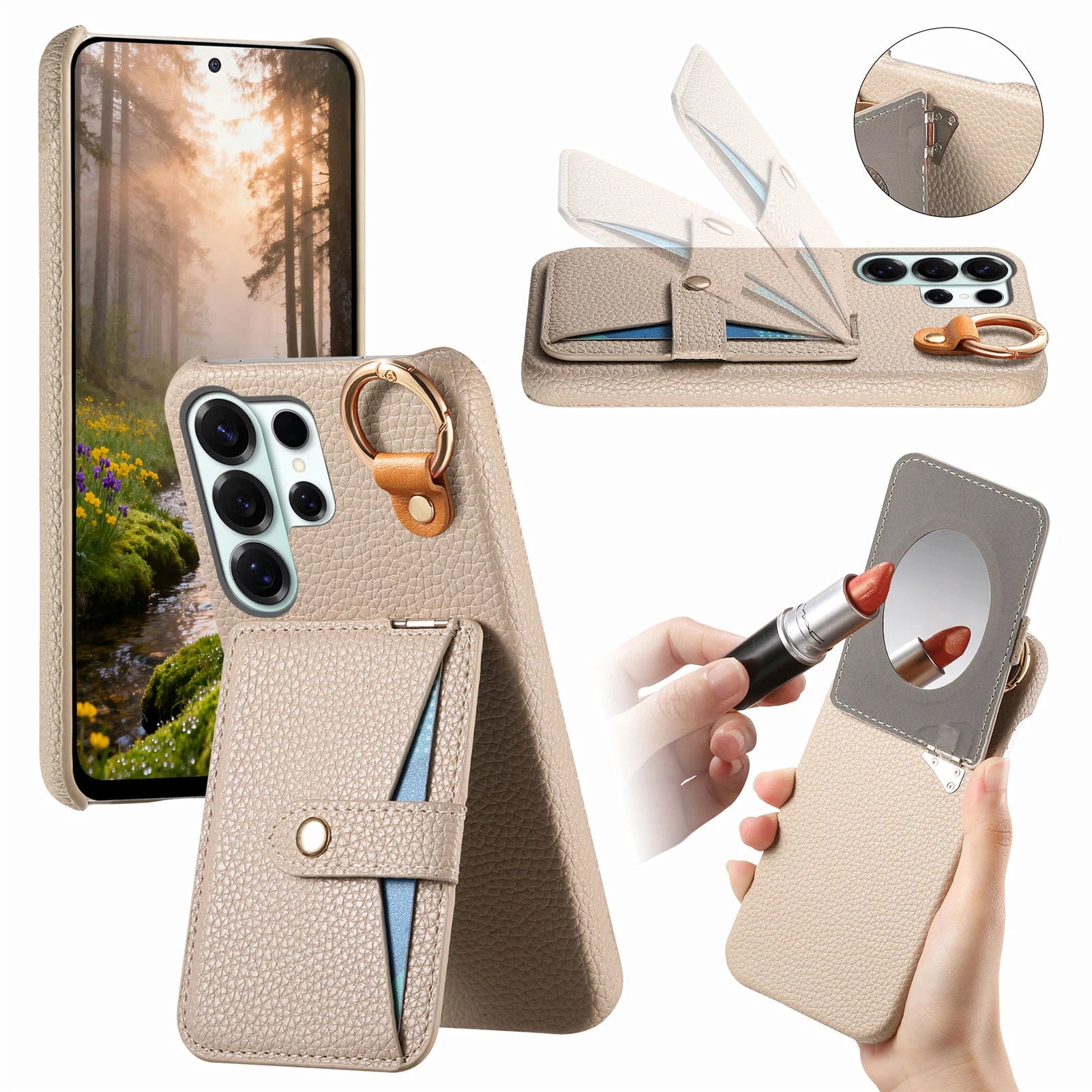 Pebble-Grain Leather Multi-Card Kickstand Case with Mirror for Samsung Galaxy S26 Series