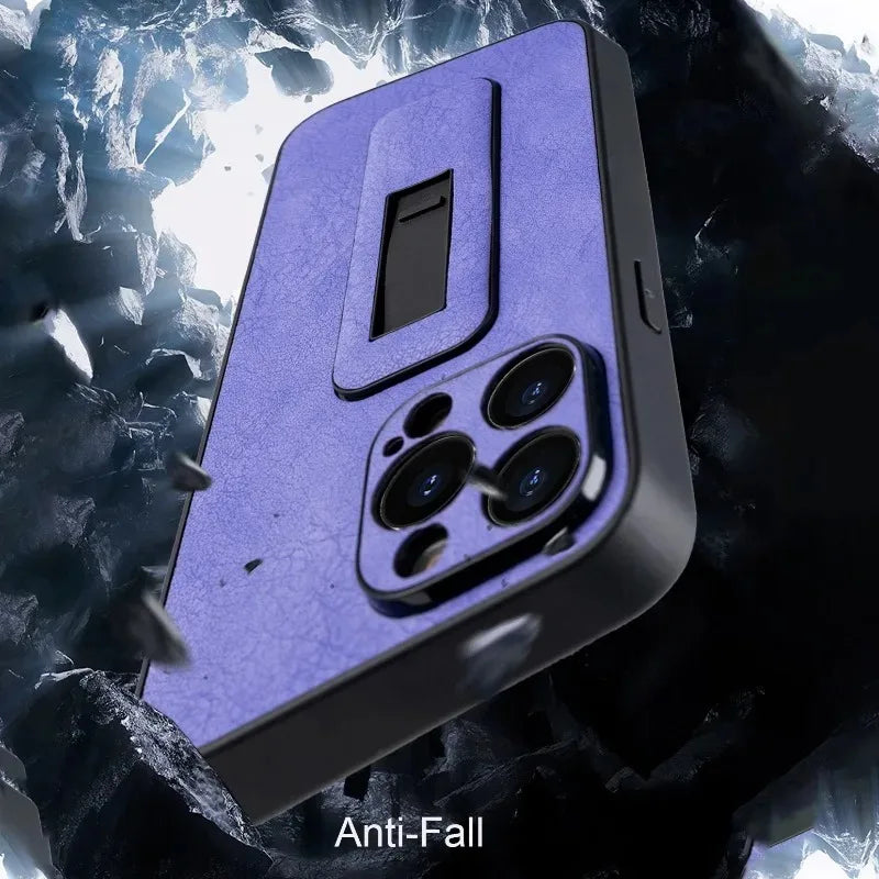 Professional PU Leather Armor Case with Grip Stand for iPhone 15 Series