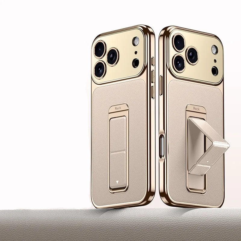 Luxury Business Leather Case with Alloy Kickstand and Wrist Strap for iPhone 17 Series