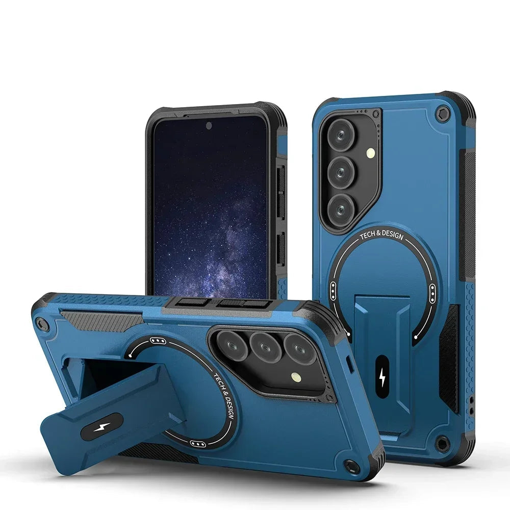 Blue phone case with stand feature for Samsung S25 on a white background
