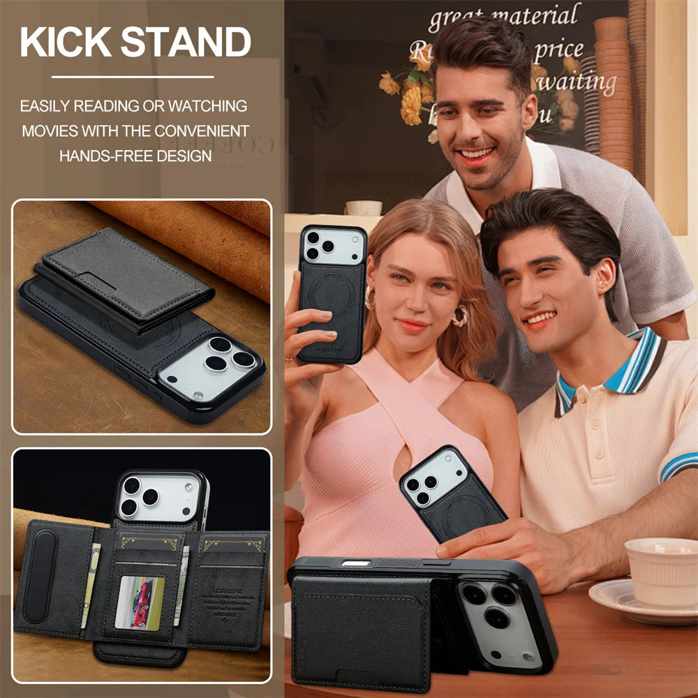 Luxury MagSafe Leather Wallet Case with Detachable Card Holder for iPhone 17 Series