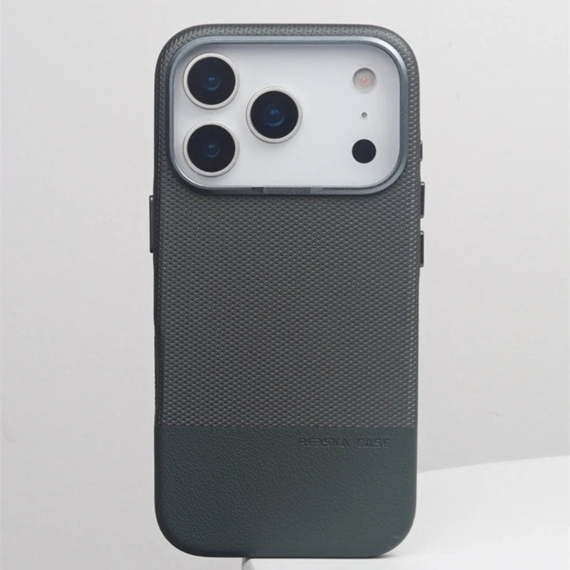 Stylish Hit Color PU Leather MagSafe Case with Alloy Lens Frame for iPhone 17 Series