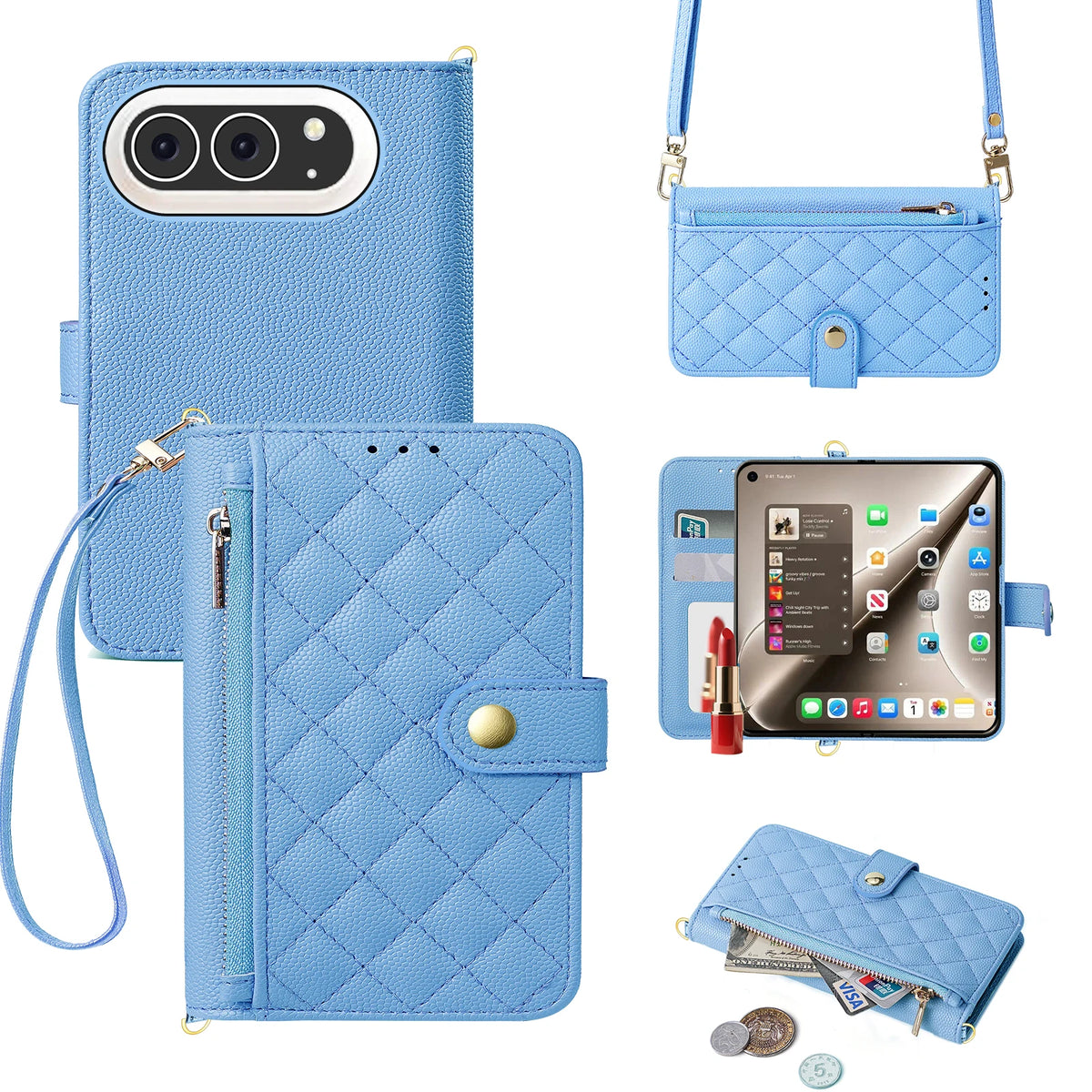 Quilted Leather Crossbody Wallet Case with Detachable Strap for iPhone Duo
