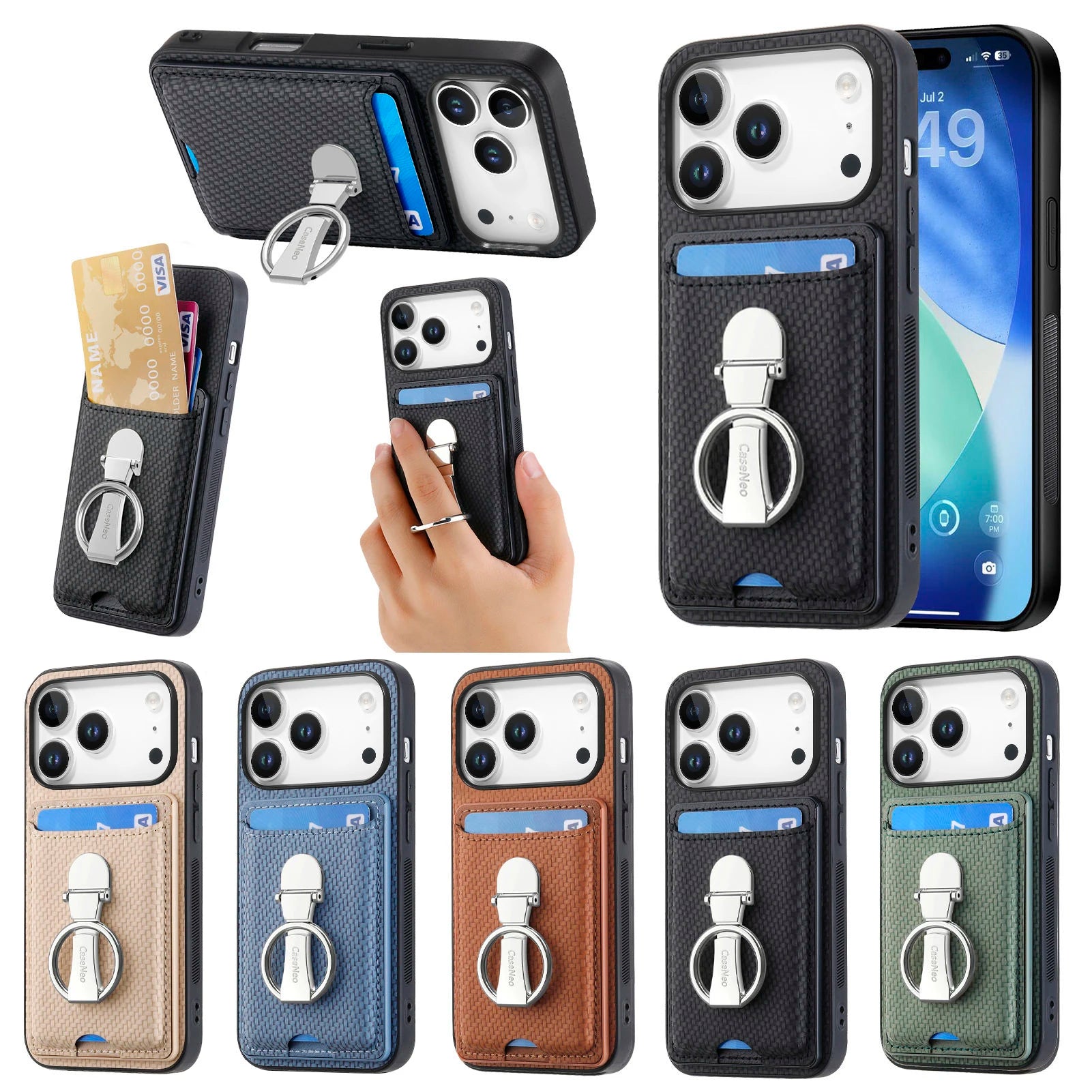 Multi-Functional Leather Wallet Case with Foldable Ring Holder & Vertical Card Slot for iPhone 17 Series